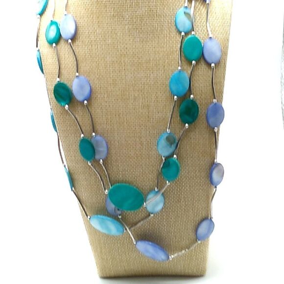 Triple Strand Shell Disc Necklace Turquoise Blue Silver-tone Tube Spacers - Picture 2 of 13